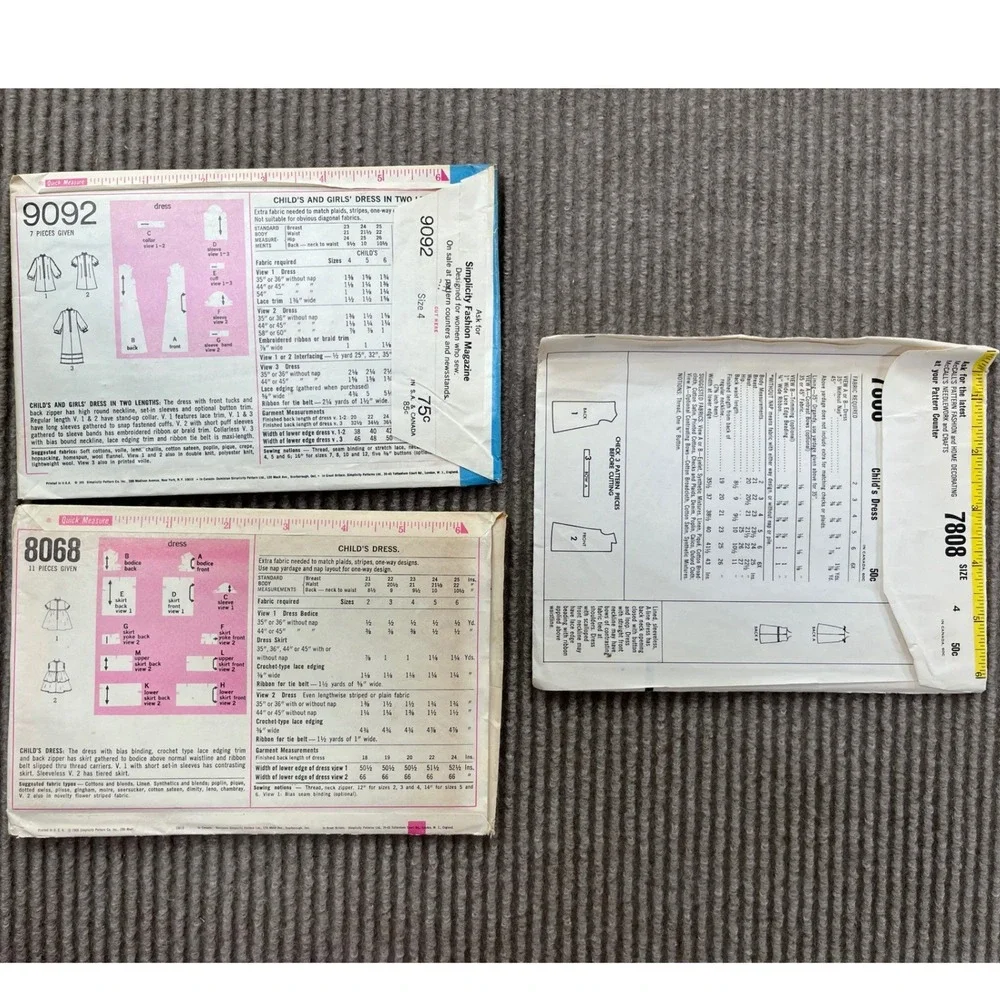 Vintage Girls Dress Sewing Patterns Lot Simplicity 9092 8068 McCalls 7808 Size 4